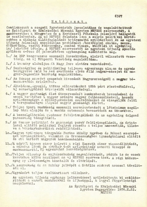 a Műszaki Egyetem nagygyűlésének határozata, 1956. október 22.