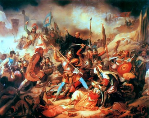Kapisztrán János (középen, kereszttel a kezében) a nándorfehérvári csatában - ismeretlen mester munkája (forrás:wikipedia)