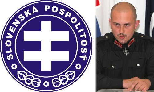 a Szlovák Testvériség logója és vezére, Marián Kotleba