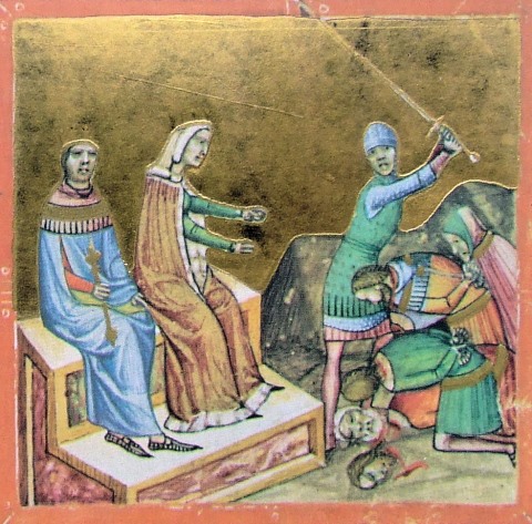 II. (Vak) Béla és Ilona királyné, aki elrendeli azok kivégzését, akik tanácsára Bélát megvakították(Képes Krónika, 1358, forrás: Wikipédia)